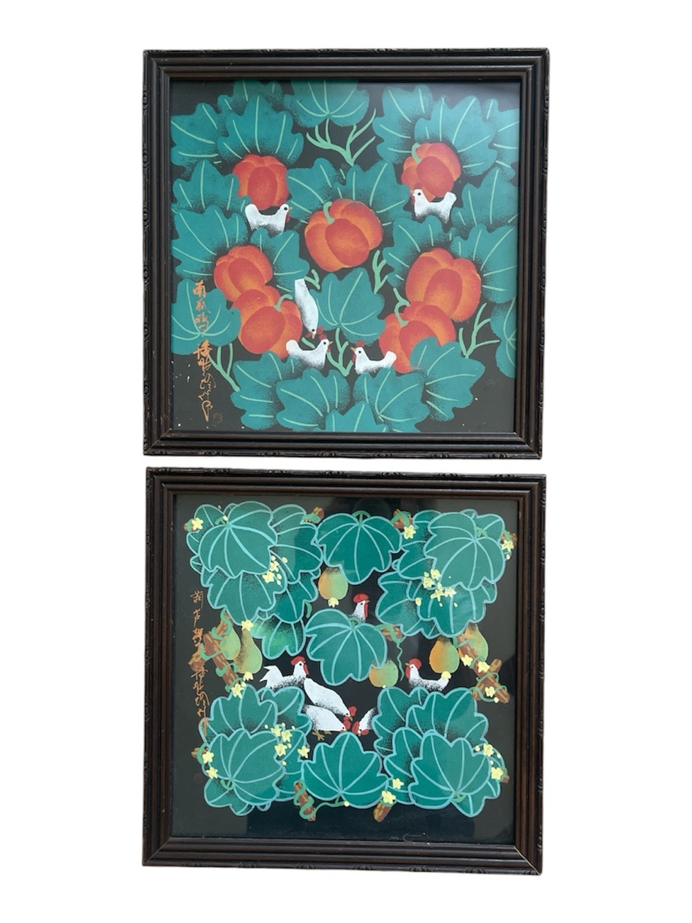 Vintage Chinese Folk Art Hand Painted Signed 2 Framed Under Glass